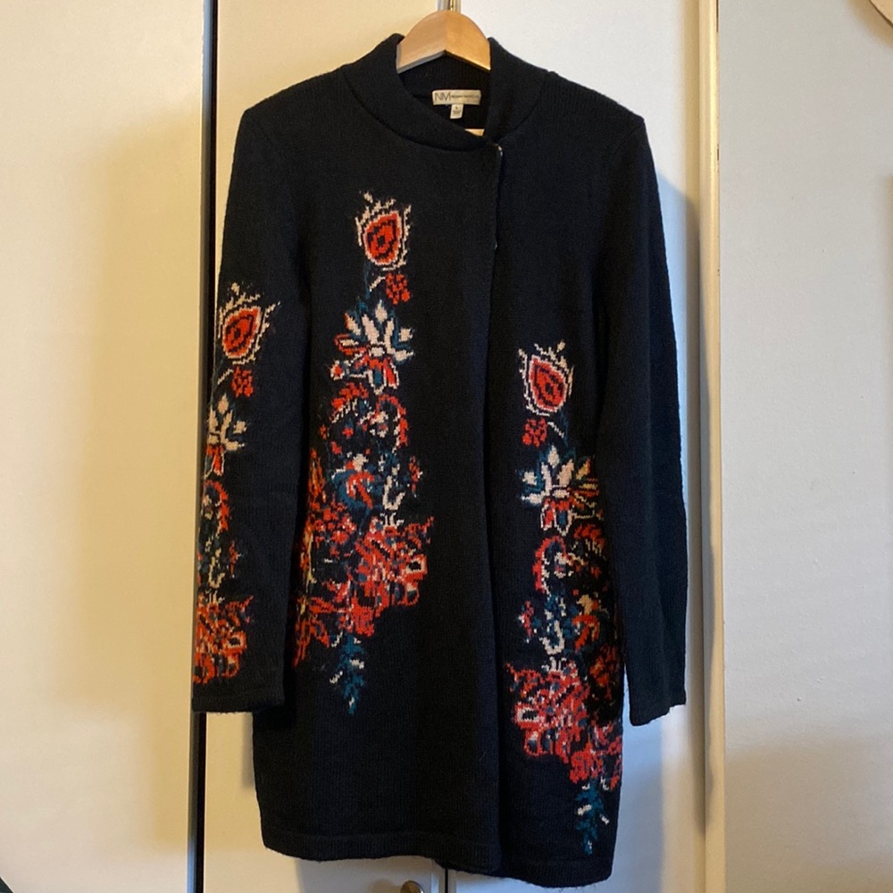 Neiman Marcus black blanket cardigan jacket with folklore floral pattern